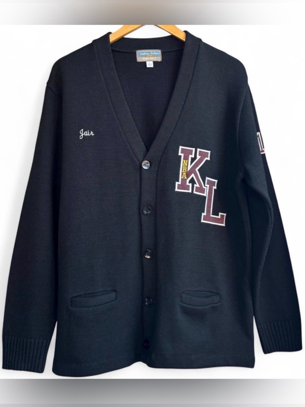 Varsity Knit Cardigan Black KL NBA Letter Patch Personalized "Jair" Sz L